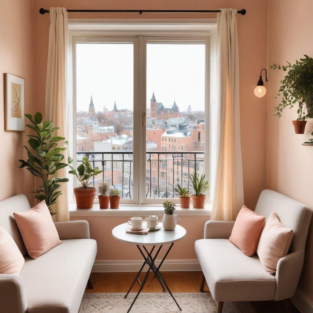 A cozy, inviting rental apartment filled with warm, soft lighting, featuring a small bistro table set for two by a window with a view of a tranquil cityscape. Elements like potted plants, books, and personal touches create a lived-in feel, embodying comfort and affordability. Include a couple enjoying coffee together, illustrating the concept of finding love in a cozy setting. soft pastel colors. illustration.