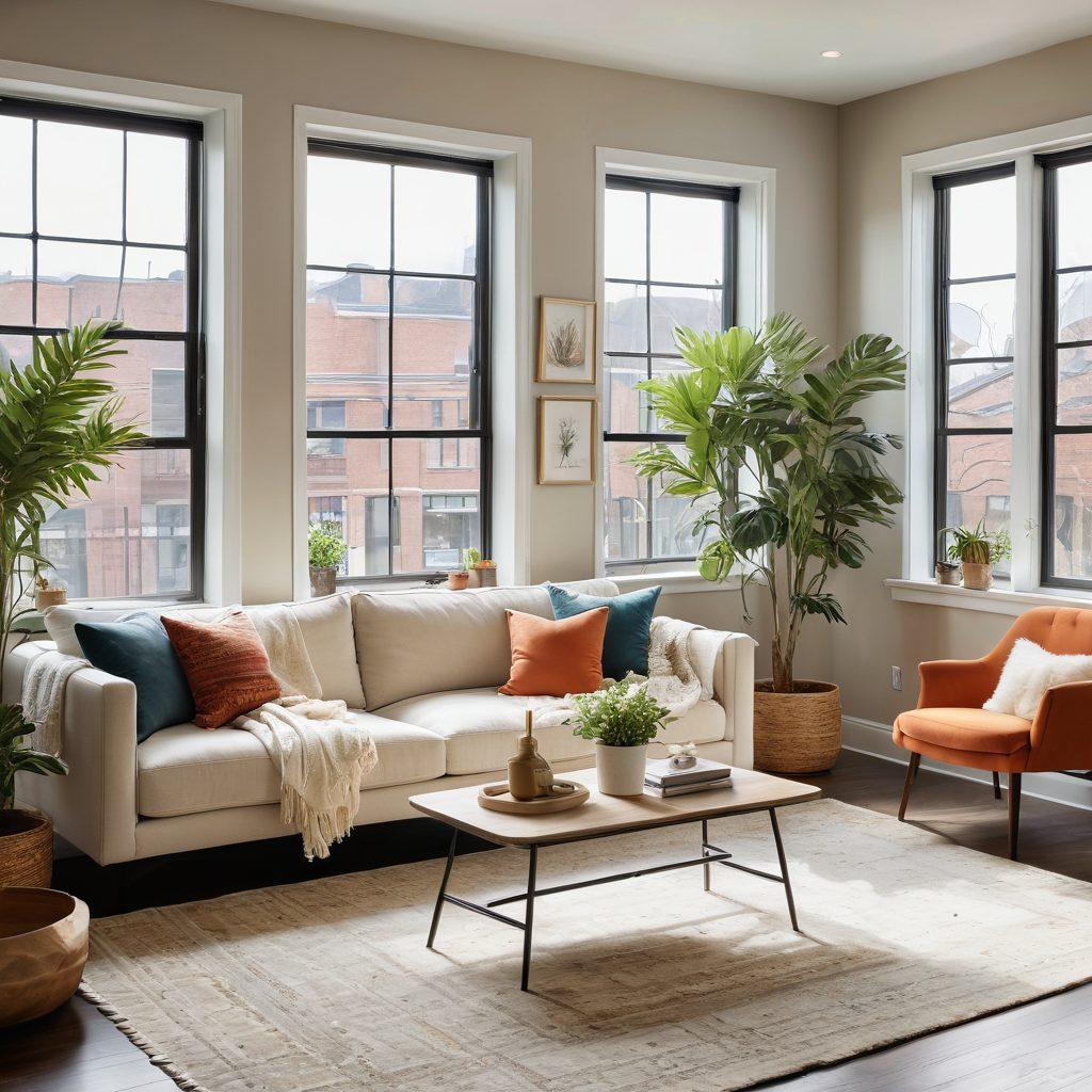A warm and inviting living space showcasing a blend of modern furniture and cozy decor. Include a plush sofa, soft throw blankets, decorative pillows, and potted plants. Incorporate natural light streaming through large windows, creating a tranquil atmosphere. The walls should be adorned with stylish art pieces to reflect personality. Capture the essence of a cozy rental home. super-realistic. vibrant colors. natural light.