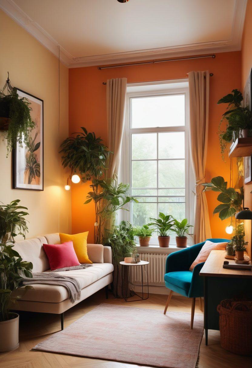 A cozy, beautifully designed apartment interior showcasing a seamless blend of studio space and luxurious comfort, featuring stylish furniture, soft lighting, and vibrant decor. A small workspace in one corner, large windows with natural light pouring in, and inviting plants adding a touch of nature. The atmosphere should radiate warmth and elegance, suggesting both creativity and relaxation. super-realistic. vibrant colors. soft lighting.